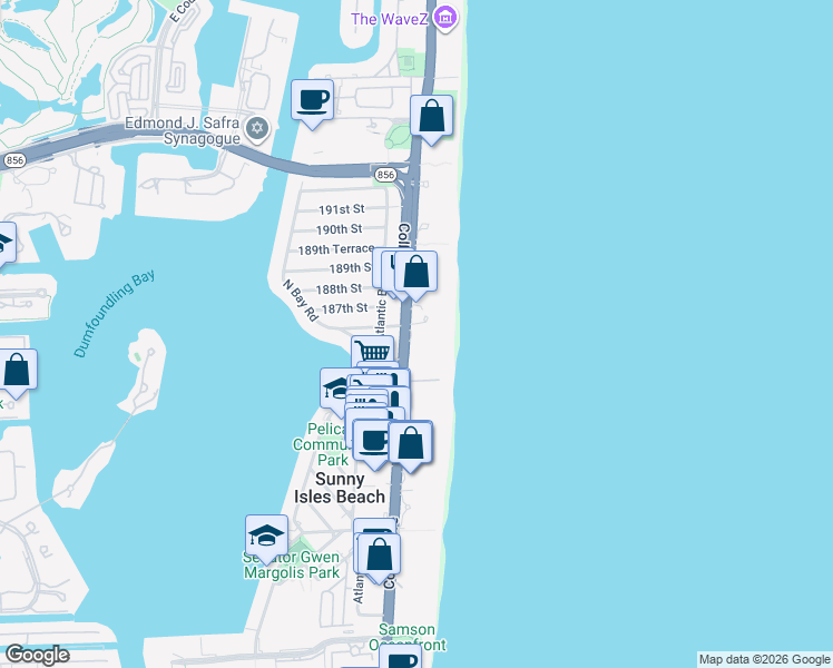 map of restaurants, bars, coffee shops, grocery stores, and more near 18600 Collins Avenue in Sunny Isles Beach
