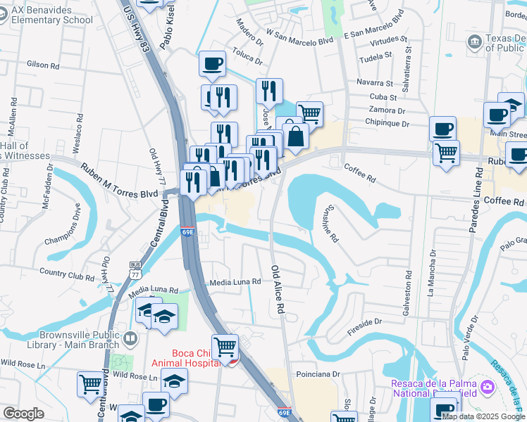 map of restaurants, bars, coffee shops, grocery stores, and more near 3005 Old Alice Road in Brownsville