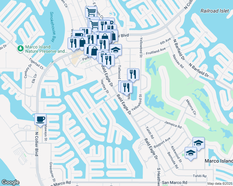 map of restaurants, bars, coffee shops, grocery stores, and more near 407 Bald Eagle Drive in Marco Island