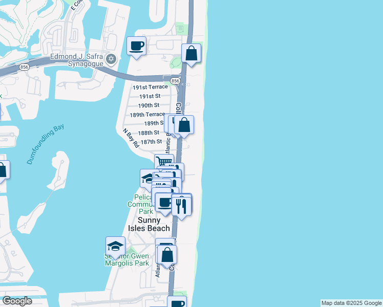map of restaurants, bars, coffee shops, grocery stores, and more near 18671 Collins Avenue in Sunny Isles Beach