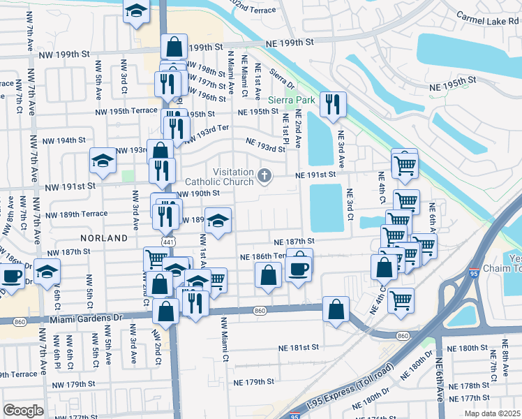 map of restaurants, bars, coffee shops, grocery stores, and more near 18943 Northeast 1st Court in Miami