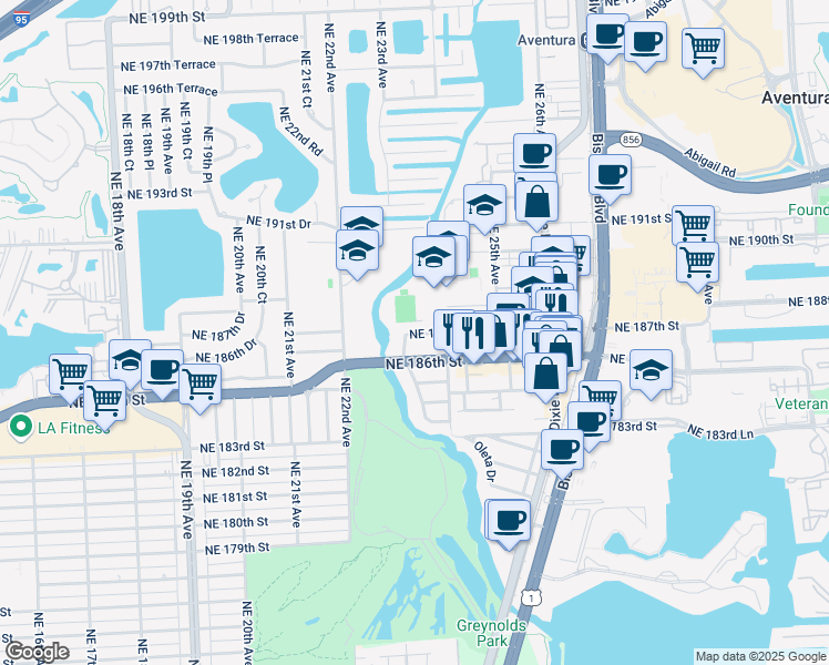 map of restaurants, bars, coffee shops, grocery stores, and more near 2365 Northeast 187th Street in Miami