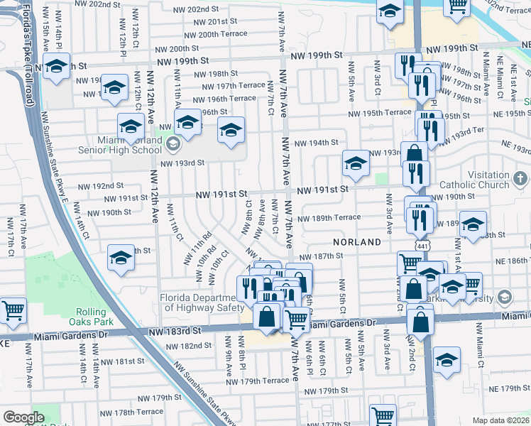 map of restaurants, bars, coffee shops, grocery stores, and more near 19000 Northwest 8th Avenue in Miami