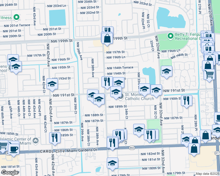 map of restaurants, bars, coffee shops, grocery stores, and more near 19143 Northwest 36th Avenue in Miami Gardens