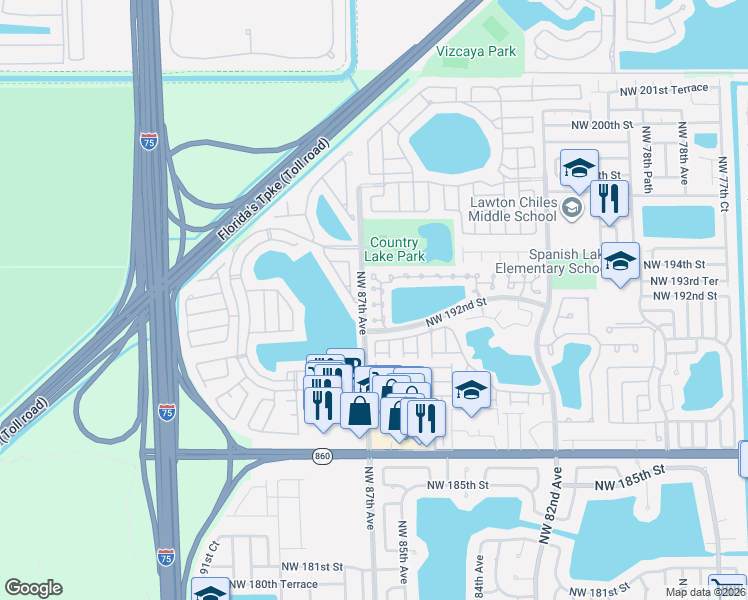 map of restaurants, bars, coffee shops, grocery stores, and more near 19303 Northwest 86th Avenue in Hialeah
