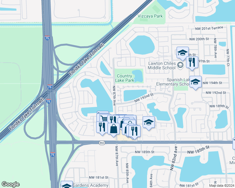 map of restaurants, bars, coffee shops, grocery stores, and more near 19303 Northwest 86th Avenue in Hialeah