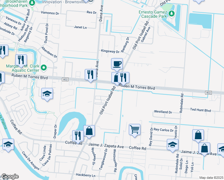 map of restaurants, bars, coffee shops, grocery stores, and more near 3740 Old Port Isabel Road in Brownsville
