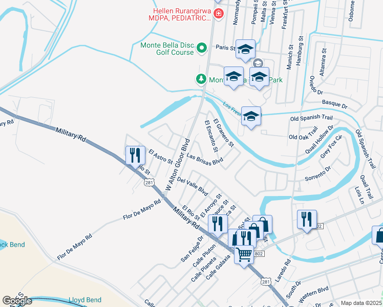 map of restaurants, bars, coffee shops, grocery stores, and more near 2402 El Portal Street in Brownsville