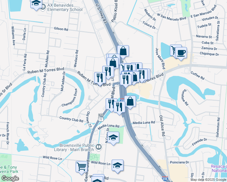 map of restaurants, bars, coffee shops, grocery stores, and more near 3115 Central Boulevard in Brownsville