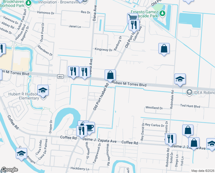 map of restaurants, bars, coffee shops, grocery stores, and more near 3740 Old Port Isabel Road in Brownsville