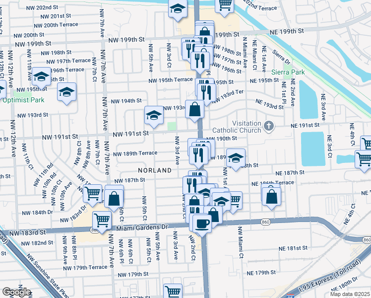 map of restaurants, bars, coffee shops, grocery stores, and more near 255 Northwest 189th Terrace in Miami