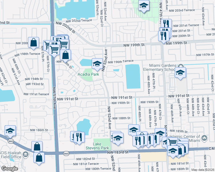 map of restaurants, bars, coffee shops, grocery stores, and more near 5110 Northwest 193rd Terrace in Miami Gardens