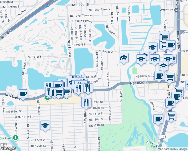 map of restaurants, bars, coffee shops, grocery stores, and more near 1981 Northeast 187th Drive in North Miami Beach