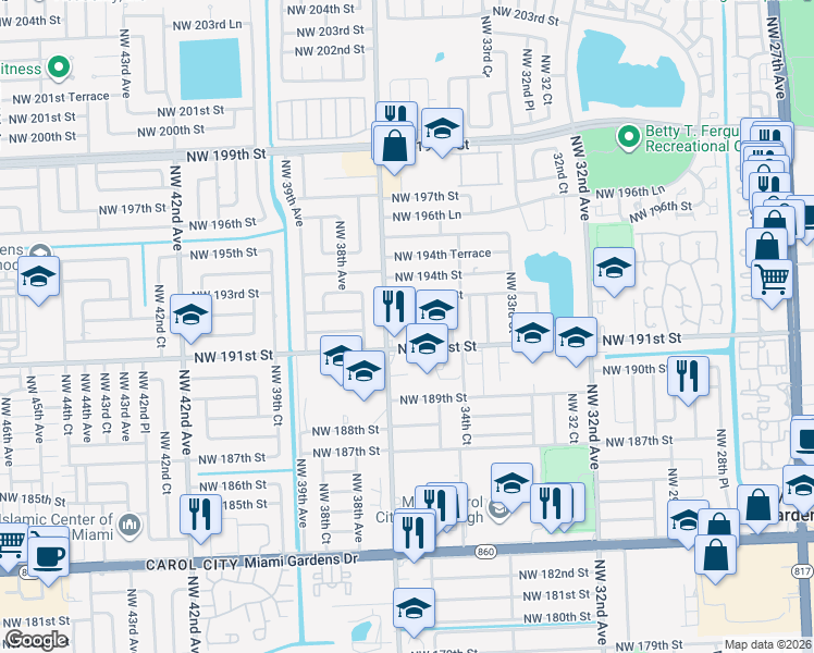 map of restaurants, bars, coffee shops, grocery stores, and more near 19143 Northwest 36th Avenue in Miami Gardens