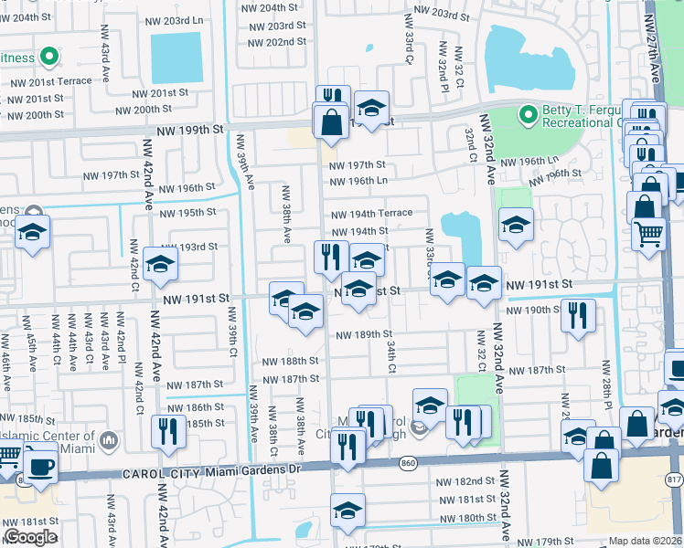 map of restaurants, bars, coffee shops, grocery stores, and more near 19143 Northwest 36th Avenue in Miami Gardens