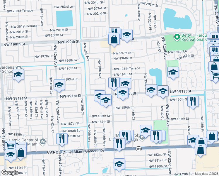 map of restaurants, bars, coffee shops, grocery stores, and more near 19200 Northwest 37th Avenue in Miami Gardens