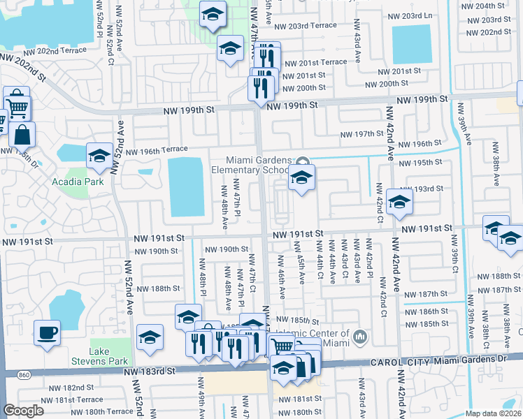 map of restaurants, bars, coffee shops, grocery stores, and more near 19251 Northwest 47th Court in Miami Gardens