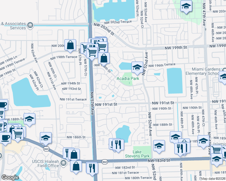 map of restaurants, bars, coffee shops, grocery stores, and more near 5587 Northwest 194th Circle Terrace in Miami Gardens