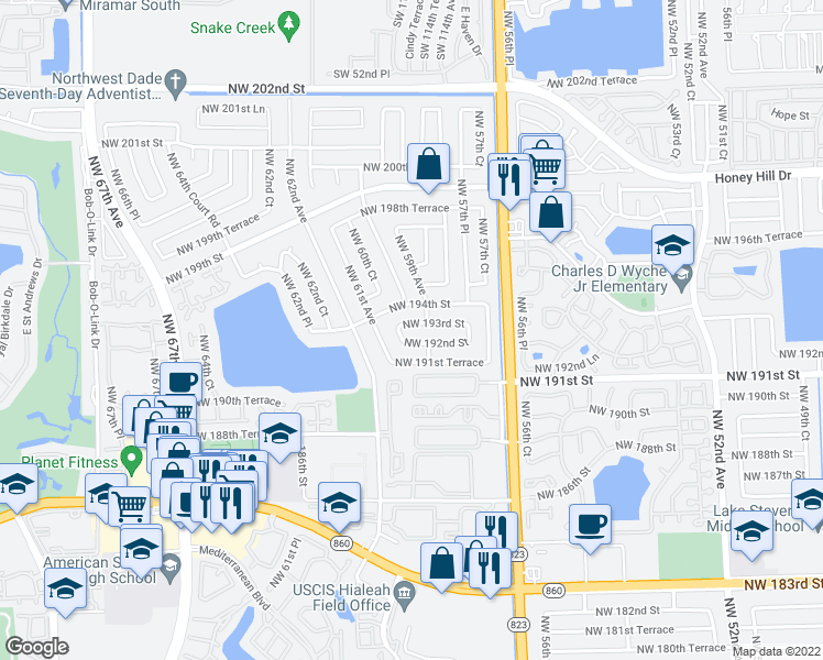 map of restaurants, bars, coffee shops, grocery stores, and more near 5940 Northwest 193rd Street in Hialeah