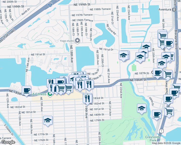 map of restaurants, bars, coffee shops, grocery stores, and more near 1981 Northeast 187th Drive in North Miami Beach