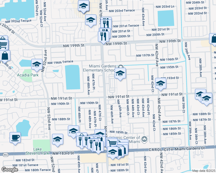 map of restaurants, bars, coffee shops, grocery stores, and more near 19212 Northwest 46th Avenue in Miami Gardens
