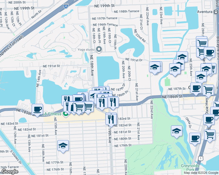 map of restaurants, bars, coffee shops, grocery stores, and more near 1911 Northeast 187th Drive in North Miami Beach