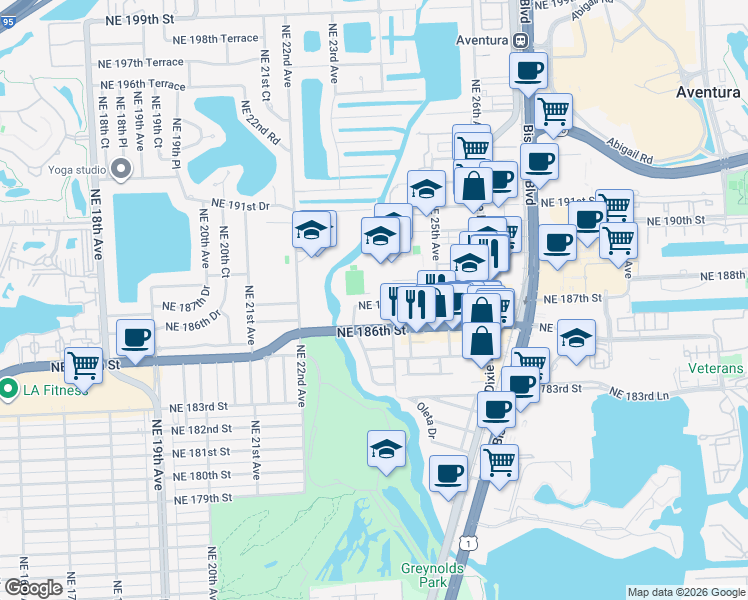 map of restaurants, bars, coffee shops, grocery stores, and more near 2365 Northeast 187th Street in Miami