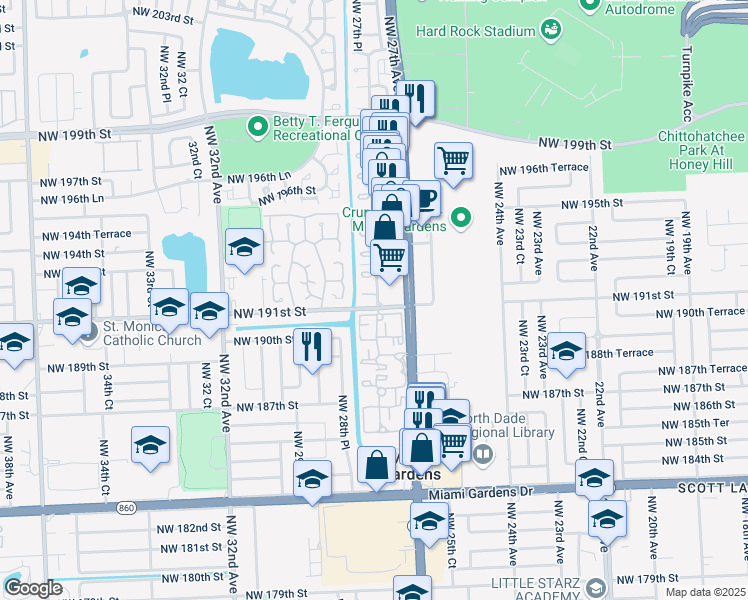 map of restaurants, bars, coffee shops, grocery stores, and more near 2754 Northwest 191st Terrace in Miami Gardens