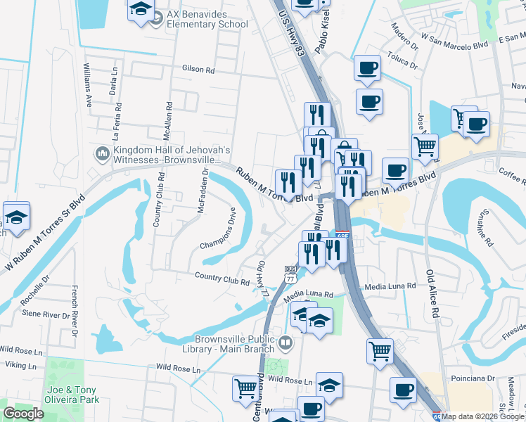 map of restaurants, bars, coffee shops, grocery stores, and more near 703 Continental Drive in Brownsville