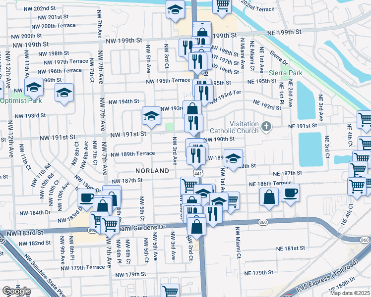 map of restaurants, bars, coffee shops, grocery stores, and more near 255 Northwest 189th Terrace in Miami