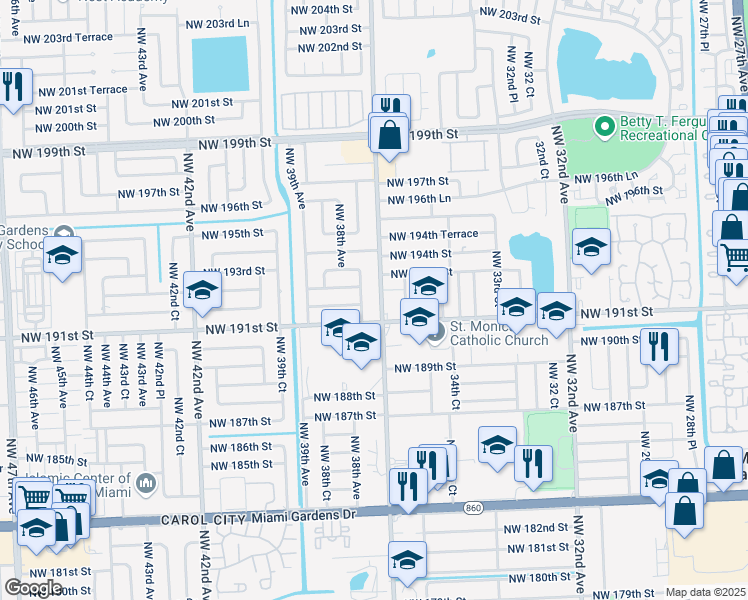 map of restaurants, bars, coffee shops, grocery stores, and more near 19200 Northwest 37th Avenue in Miami Gardens