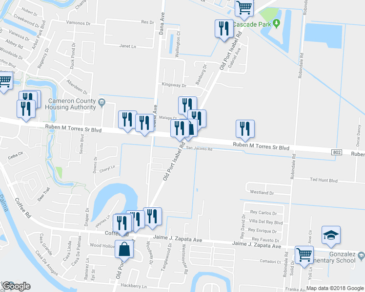 map of restaurants, bars, coffee shops, grocery stores, and more near 3740 Old Port Isabel Road in Brownsville