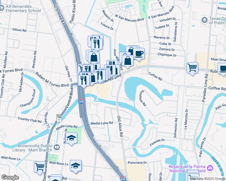map of restaurants, bars, coffee shops, grocery stores, and more near 3005 Old Alice Road in Brownsville