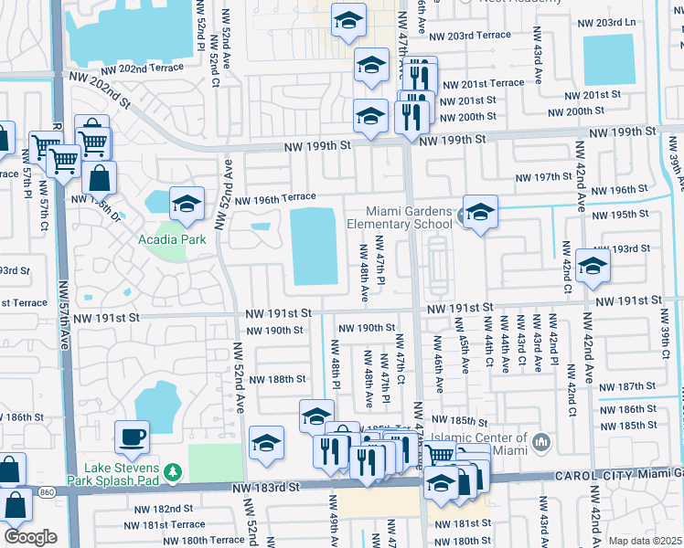 map of restaurants, bars, coffee shops, grocery stores, and more near 19230 Northwest 48th Court in Miami Gardens