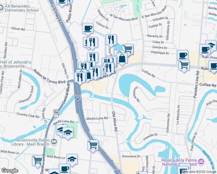 map of restaurants, bars, coffee shops, grocery stores, and more near 3005 Old Alice Road in Brownsville