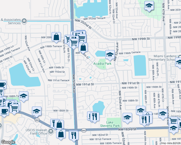 map of restaurants, bars, coffee shops, grocery stores, and more near 5587 Northwest 194th Circle Terrace in Miami Gardens