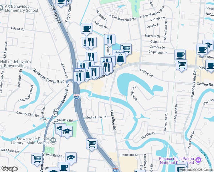 map of restaurants, bars, coffee shops, grocery stores, and more near 3005 Old Alice Road in Brownsville