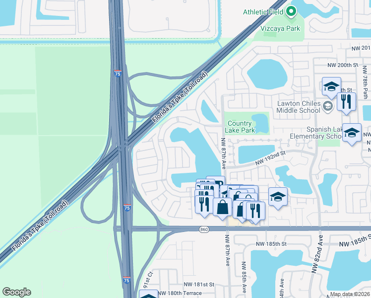 map of restaurants, bars, coffee shops, grocery stores, and more near 19251 Northwest 88th Court in Hialeah