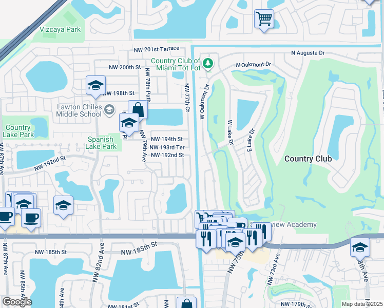 map of restaurants, bars, coffee shops, grocery stores, and more near 7725 Northwest 192nd Street in Hialeah