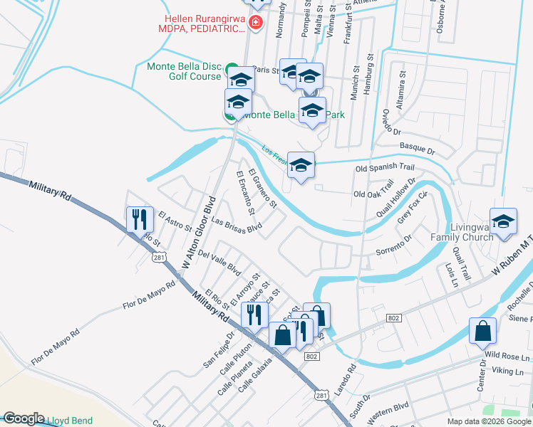 map of restaurants, bars, coffee shops, grocery stores, and more near 2655 Las Brisas Boulevard in Brownsville