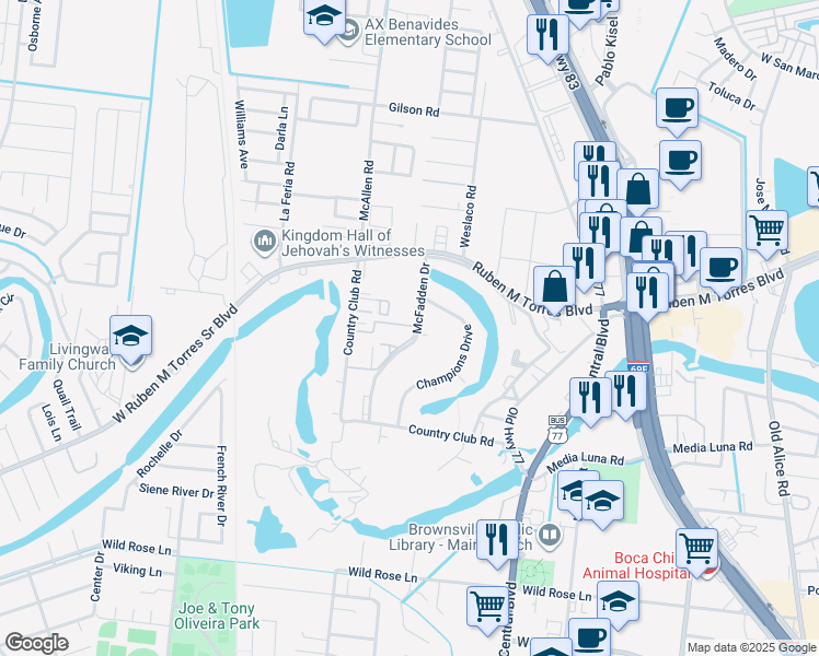 map of restaurants, bars, coffee shops, grocery stores, and more near 16 Waterfront Drive in Brownsville