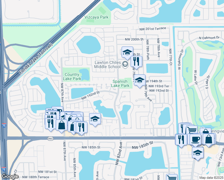 map of restaurants, bars, coffee shops, grocery stores, and more near 8236 Northwest 192nd Terrace in Hialeah