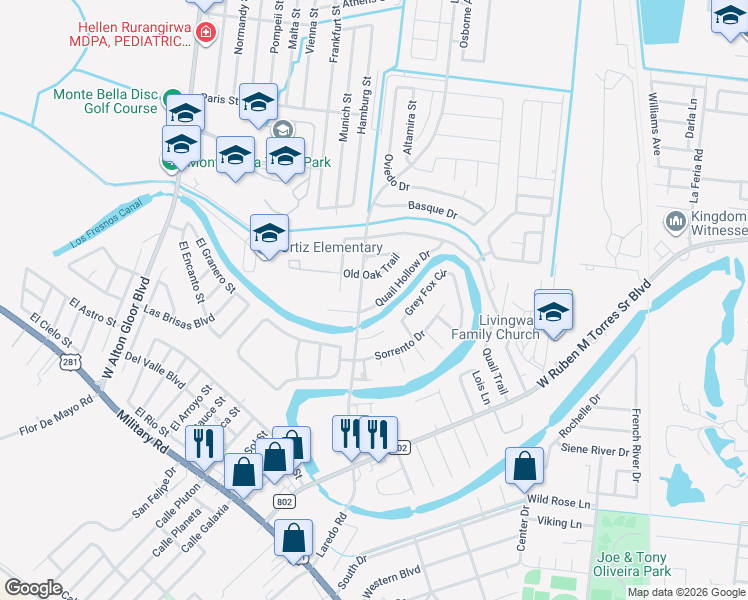 map of restaurants, bars, coffee shops, grocery stores, and more near 2666 Laredo Road in Brownsville