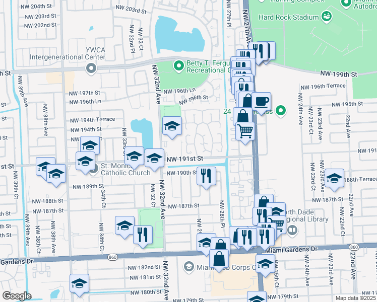 map of restaurants, bars, coffee shops, grocery stores, and more near 2993 Northwest 191st Terrace in Miami Gardens