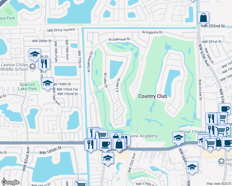 map of restaurants, bars, coffee shops, grocery stores, and more near 19224 East Lake Drive in Hialeah