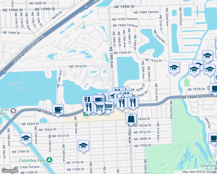 map of restaurants, bars, coffee shops, grocery stores, and more near 18746 Northeast 18th Avenue in Miami