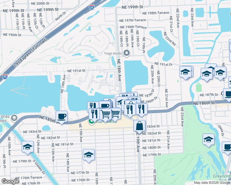 map of restaurants, bars, coffee shops, grocery stores, and more near 18746 Northeast 18th Avenue in Miami