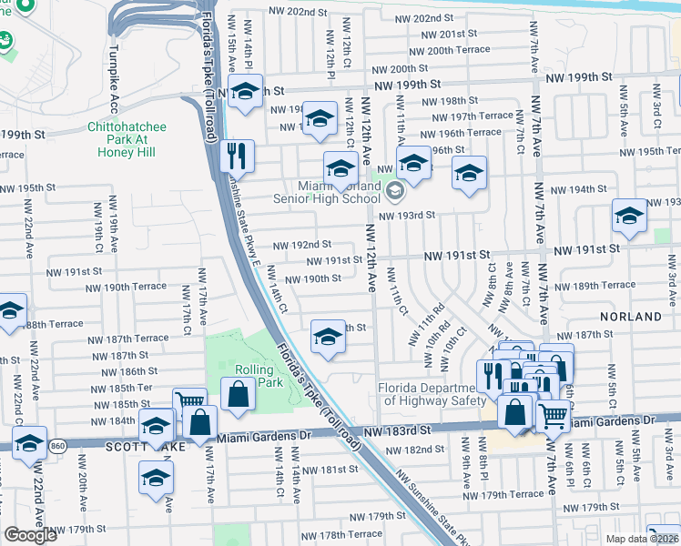 map of restaurants, bars, coffee shops, grocery stores, and more near 1251 Northwest 190th Street in Miami
