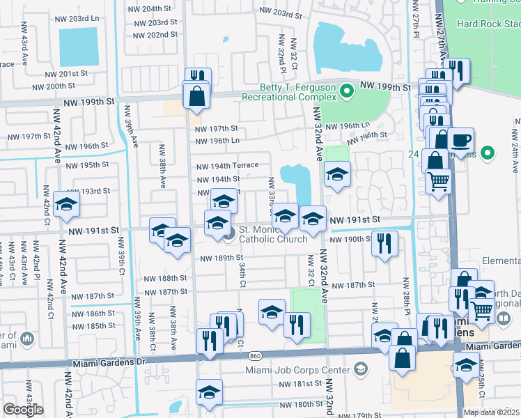 map of restaurants, bars, coffee shops, grocery stores, and more near 19171 Northwest 33rd Place in Miami Gardens
