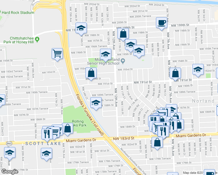map of restaurants, bars, coffee shops, grocery stores, and more near 1251 Northwest 190th Street in Miami